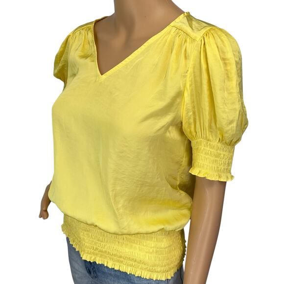 2/$15 Philosophy Satin Smocked Blouse Yellow V-Neck Short Sleeve Size S - Picture 4 of 11